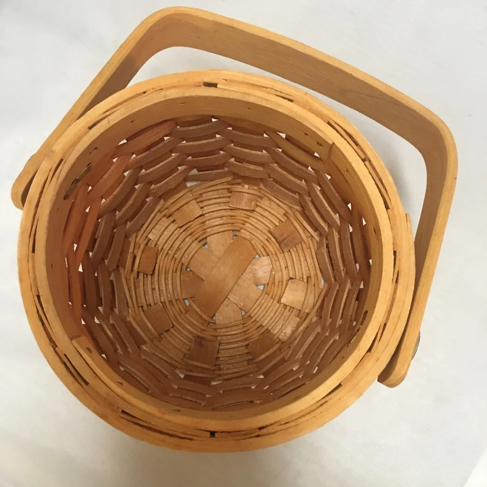 Woven Wood Basket Small Tan Round Handcrafted Swing Handle Decor Cottagecore
